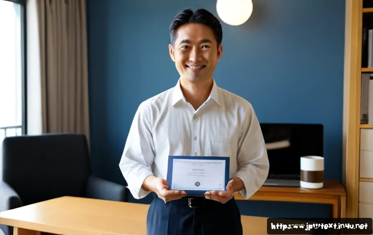 섬유기사 합격 후기 - Photorealistic Japanese textile engineer in a clean modern apartment, smiling with quiet confidence ...