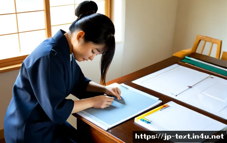 섬유기사 합격률 분석 - Photorealistic Japanese textile certification study scene, a focused adult candidate reviewing fabri...