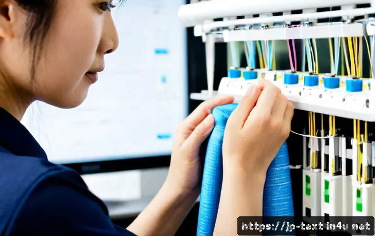 섬유기사 최신 기술 동향 - Photorealistic advanced textile innovation laboratory in Japan, a textile engineer examining a flexi...