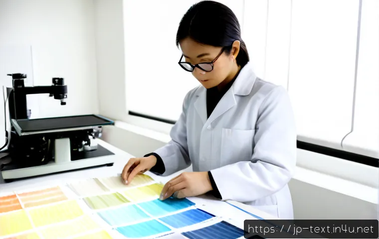 섬유기사와 글로벌 섬유산업 - Photorealistic textile engineer in a clean advanced fabric laboratory, wearing safety glasses and a ...